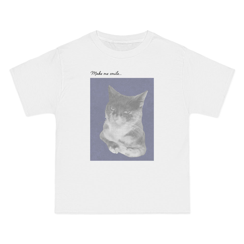 Cat Portrait T-Shirt — Retro Soft Grey Kitten Tee with "Made me smile" Back Text