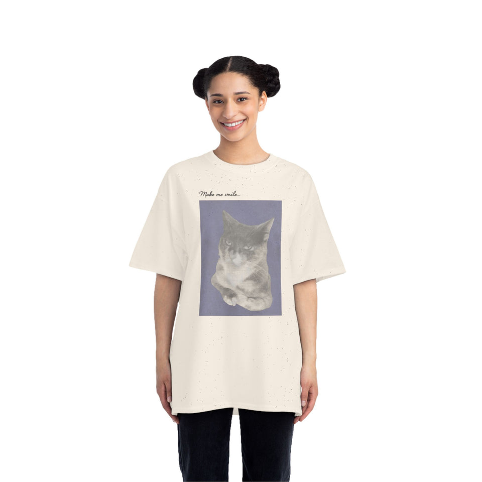 Cat Portrait T-Shirt — Retro Soft Grey Kitten Tee with "Made me smile" Back Text