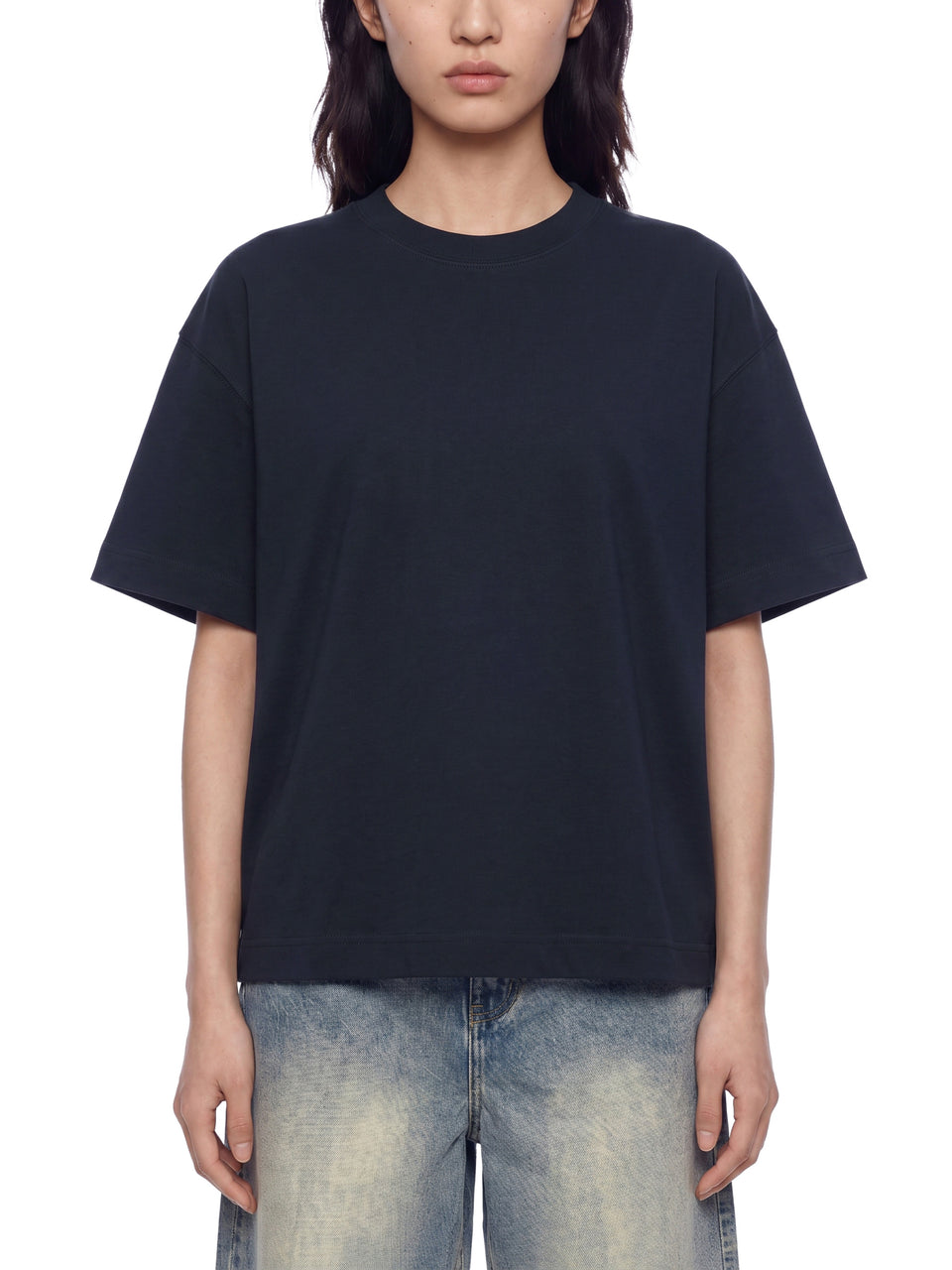 Essential Cotton Boxy T-Shirt in navy, worn by a model, front view