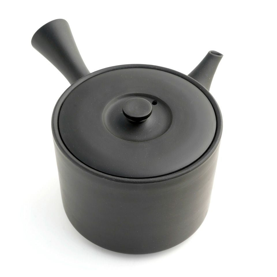Black Jinsui kyusu teapot seen from above at an angle