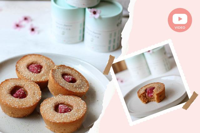 Raspberry Sakura Tea Cakes with Matcha Powdered Sugar  (Video Recipe)