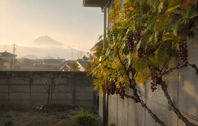 Maeve grape vine growing in a Japanese backyard with Mount Fuji in the distance
