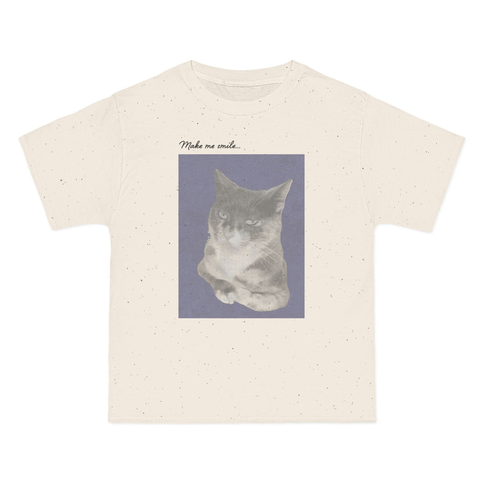 Cat Portrait T-Shirt — Retro Soft Grey Kitten Tee with "Made me smile" Back Text