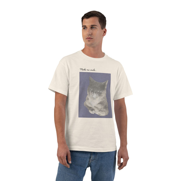 Cat Portrait T-Shirt — Retro Soft Grey Kitten Tee with "Made me smile" Back Text