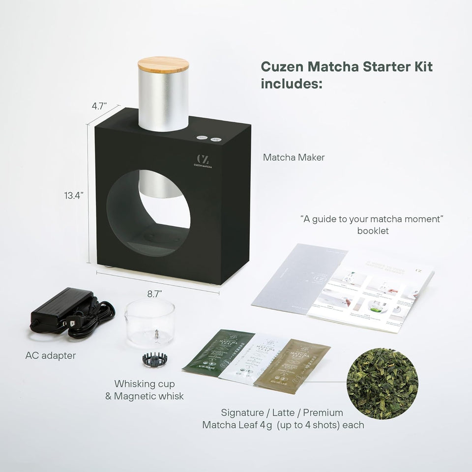 Cuzen Matcha Starter Kit with Matcha Maker, AC adapter, whisking cup, magnetic whisk, and matcha leaves on a white background.