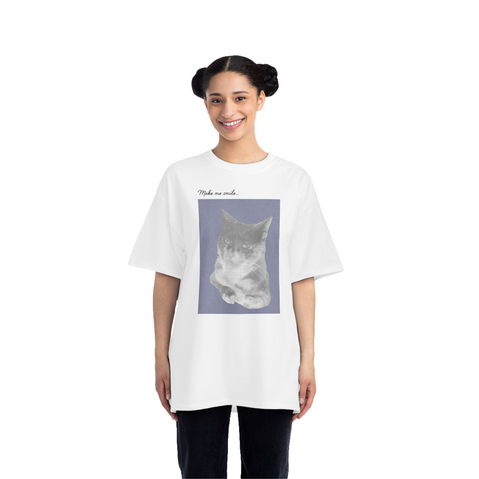 Cat Portrait T-Shirt — Retro Soft Grey Kitten Tee with "Made me smile" Back Text