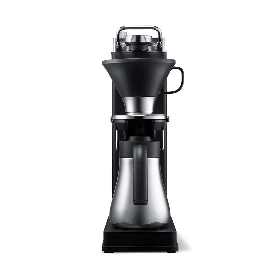 Black and silver coffee maker on a white background