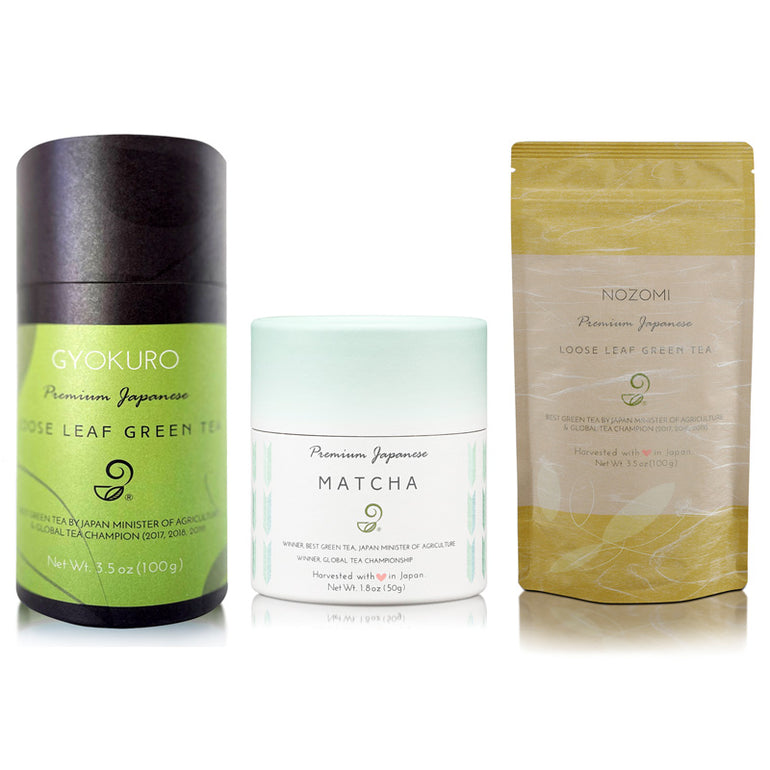 The Covered Trio Gift Set - Premium Matcha, Gyokuro, and Nozomi Japanese Green Tea Set Package