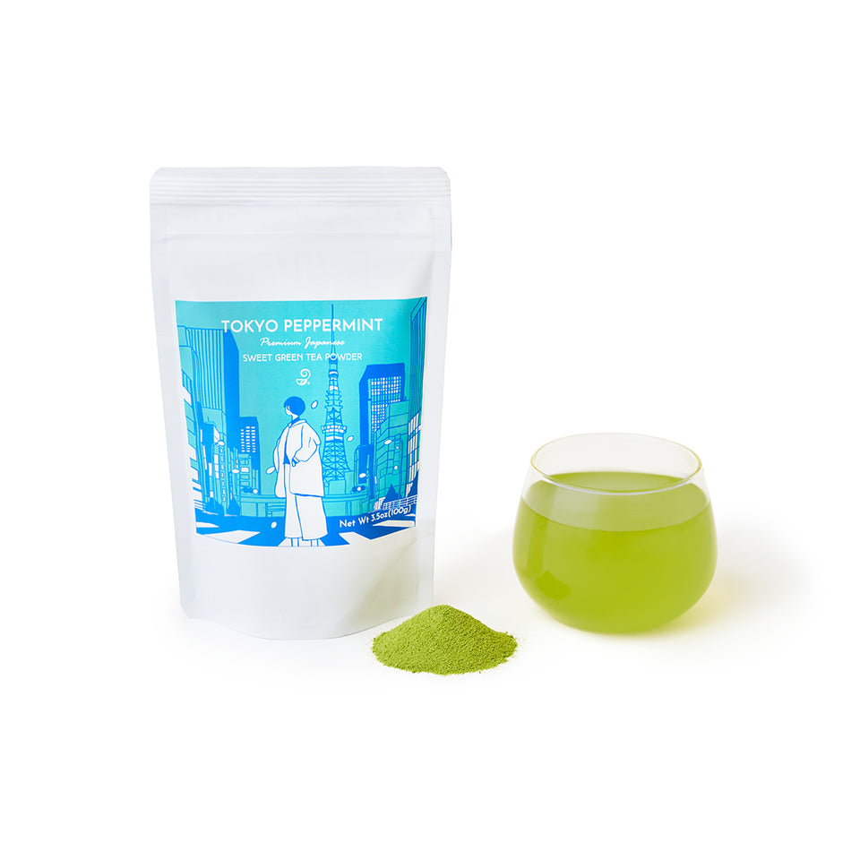 Tokyo Peppermint - Premium Japanese Sweet Green Tea Powder and a glass