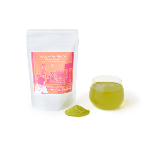 Yokohama Peach - Premium Japanese Sweet Green Tea Powder and a Glass