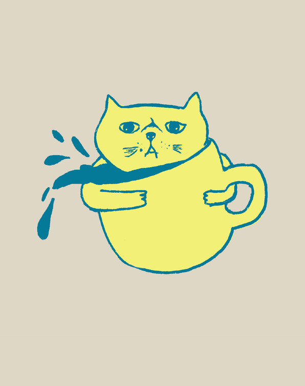 Cat in a Mug Poster — Funny Minimalist Coffee Cat Art Print. (Yellow)