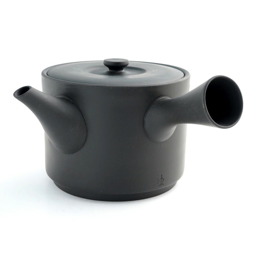 Black Jinsui kyusu teapot, side view showing spout and handle