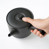 Black Jinsui kyusu teapot held in one hand for scale