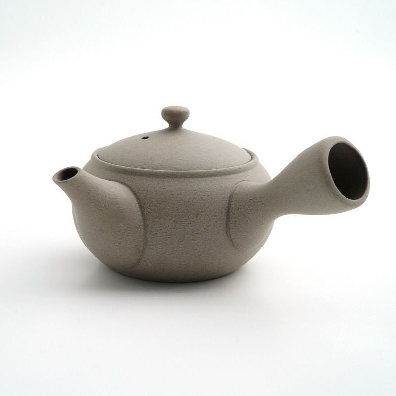 Gray Jinsui kyusu teapot, side view showing spout and handle
