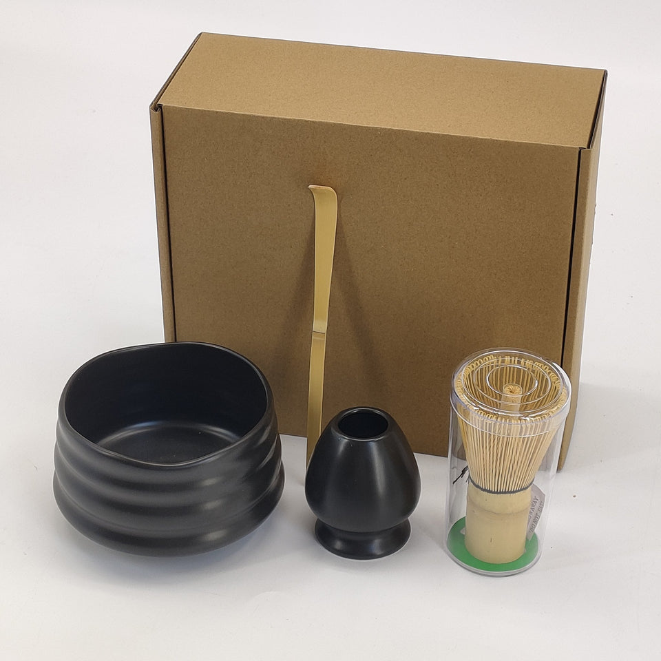 Black matcha bowl, whisk holder and bamboo whisk