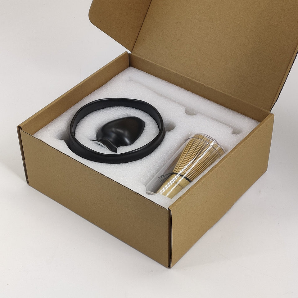 Black matcha bowl and whisk set packed in its gift box