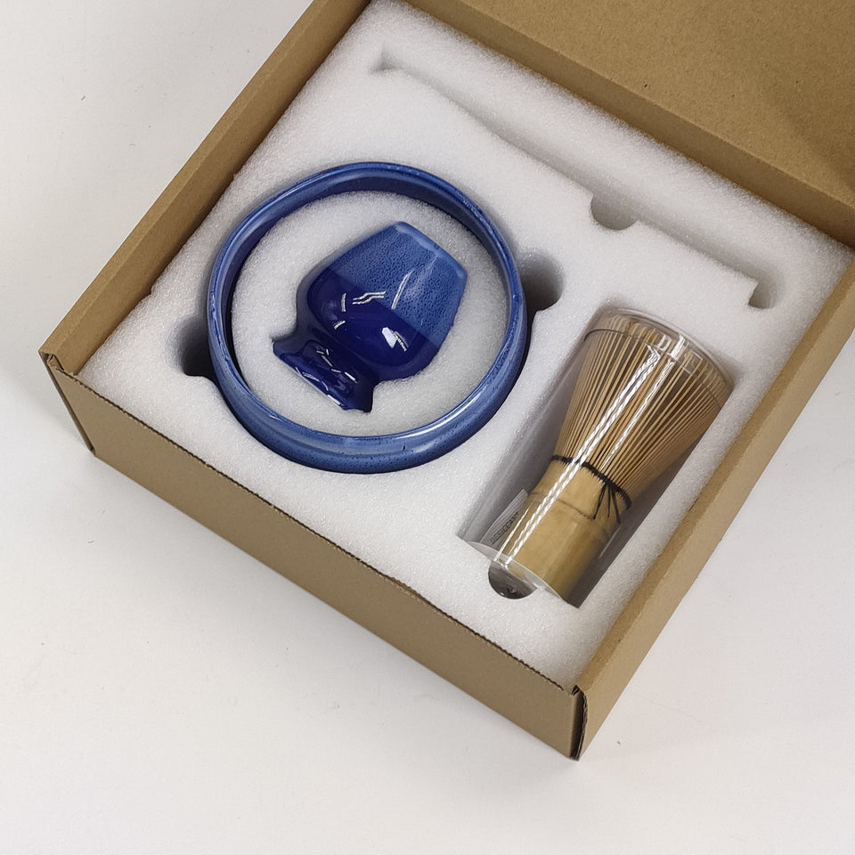 Blue matcha bowl and whisk set packed in its gift box