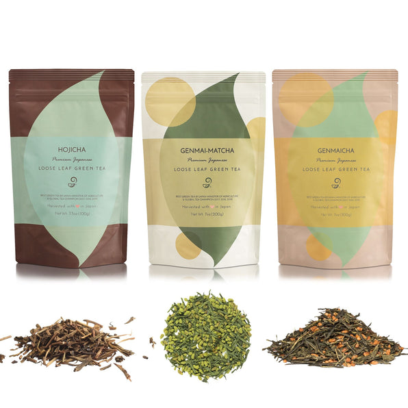 Hojicha Genmaicha Trio Gift Set - Premium Japanese Green Tea Set Package